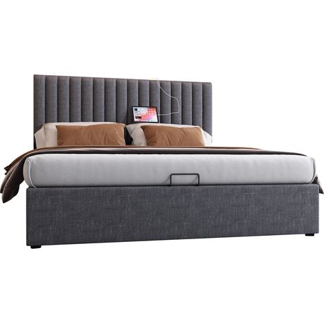 Letto Matrimoniale Contenitore con LED, USB e Type-C, 140 x 200 cm, senza Materasso, Grigio (1/5)