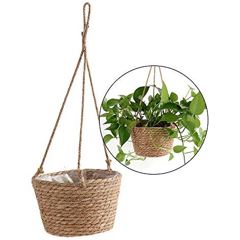 Sangda Pot de fleurs à suspendre en corde de jute - Panier pliable en jonc de mer, macramé - pour plantes succulentes, décoration intérieure ou extérieure (1/5)