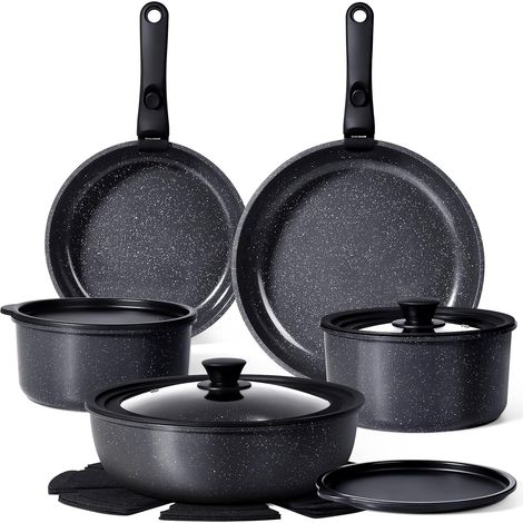 Poêles et Casseroles Avec Revêtement Antiadhésif, Batteries de Cuisine Poignées Détachables, Sans Toxiques, Empilable, Compatible Induction/Four/Lave-vaisselle Noir (1/5)