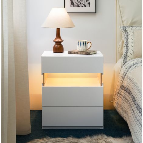 MEUBLIV Mesita de noche blanca 48x38x61 cm - 3 cajones LED, montaje requerido (1/5)
