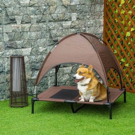Cama elevada para perros con dosel, 92 x 76 x 90 cm, transpirable, marrón HAVRYA (1/2)