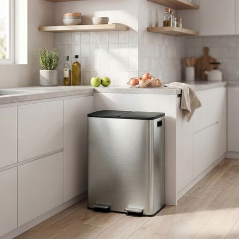 Poubelle de Cuisine, 2 x 30 Litres, 2 Compartiments, Poubelle à Pédale, Couvercle à Fermeture Douce, Inox, Argent (1/5)