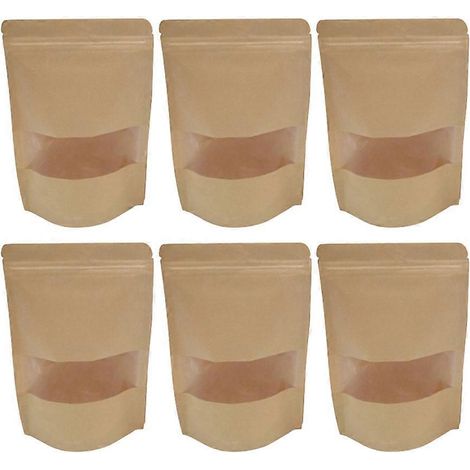 25 sachets d'emballage en papier kraft avec fenêtre, format cadeau, pour aliments secs, fruits et thé, fermeture à glissière et auto-scellants (12 x 20 cm)