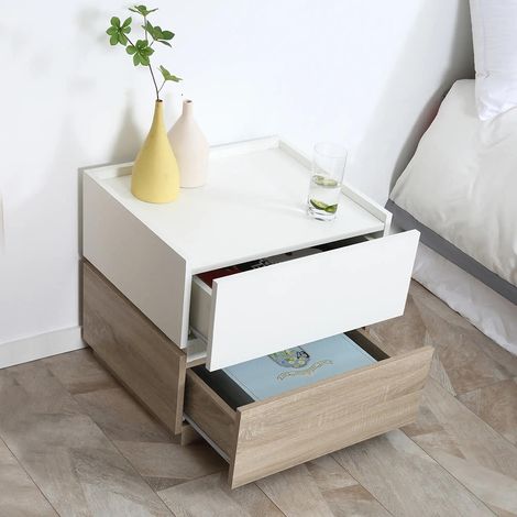 Table de chevet empilable, table de chevet, table d'appoint avec 2 tiroirs, disponible en blanc et naturel (1/5)