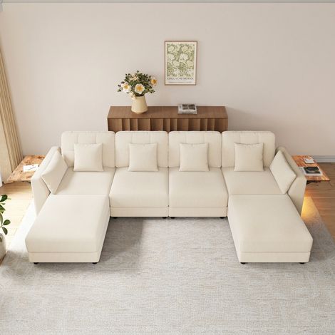 Canapé modulable 6-7 places en U ou L en tissu chenille beige avec 2 poufs, éclairage LED et tablettes rabattables, pour salon (1/5)