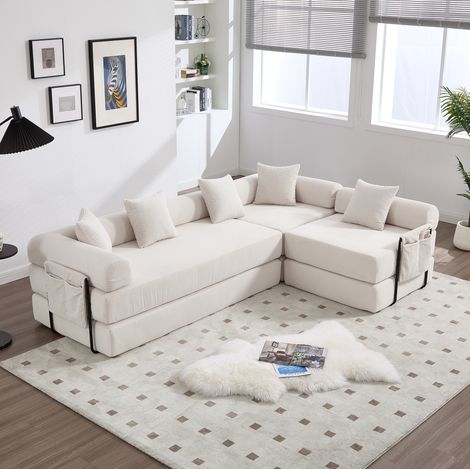 FloraGrace Canapé modulable 270 x 180 x 64 cm, velours côtelé, convertible, poche latérale, beige (1/5)