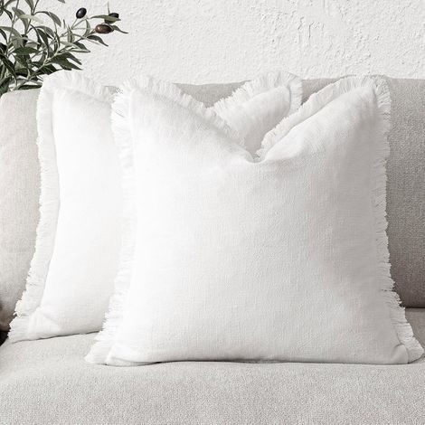 Set of 2 Decorative Linen Fringe Throw Pillow Covers Cozy Boho Farmhouse Cushion Cover with Tassels Soft Accent Pillowcase for Couch Sofa Bed Living Room Home Decor,18×18 Inch,Olive Green (1/5)