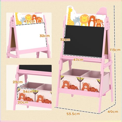 Chevalet d'art pour enfants de 3 à 8 ans, avec tableau noir double face et deux paniers de rangement, en bois, 53,5 x 49 x 113 cm, rose. (1/5)