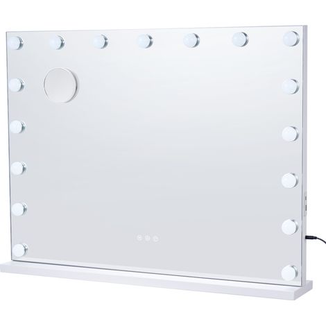 Mophorn Miroir de courtoisie Hollywood avec lumières-31,5x23,6 pouces,blanc.Ampoules à intensité variable,3 modes de couleur,grossissement 5X amovible.Port USB et Type C.Contrôle tactile intelligent. (1/5)