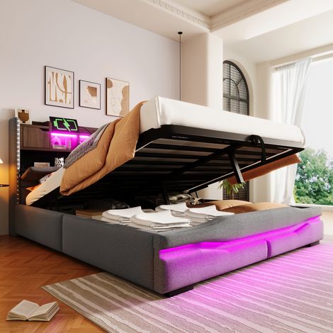 Cama canapé para adultos 160x200cm con LED, cabecero con canapé, somier tapizado, sin colchón, lino, gris (1/5)