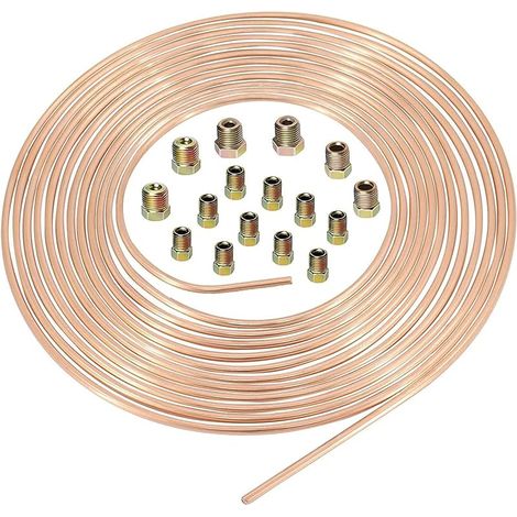 Tuyau de Frein en Cuivre Revêtement 25ft/7,62m Ø 4,75mm，Kit de Conduite Générale de Frein Replacement 3/16"，Auto Tube Tuyau de Carburant Frein pour Automobile avec 16 Raccords
