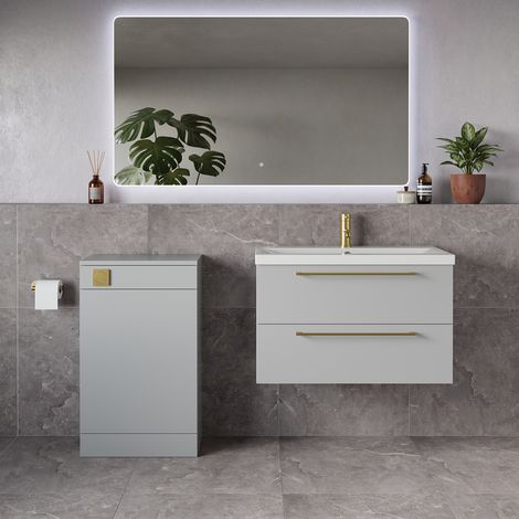 Napoli 390 Gloss Grey Pearl 1300mm Wall Mounted 2 Drawer Vanity Unit and Toilet Suite with Glide Basin - 1300mm - Brushed Brass 480mm HandleWithout Kingston Toilet Pan