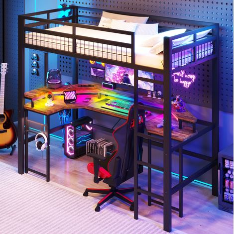 Lit mezzanine 90/200 cm noir en métal et MDF avec bureau, LED et prises (1/5)