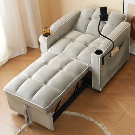 Canapé-lit 3-en-1 transformable fauteuil inclinable, avec porte-gobelets et support mobile, chaise longue et siège détente pour une personne, parfait pour espaces réduits, 83x167x76 cm
