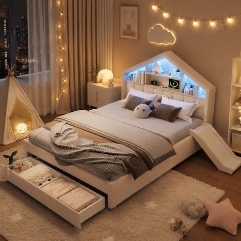 Lit Cabane Enfant 140x200 Velours Beige avec Toboggan, Réversible LED Port USB Tiroir de Rangement, lit enfant moderne (1/5)