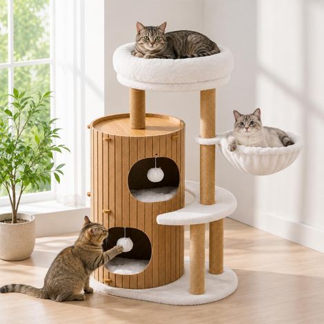 Arbre à chat avec grand tonneau à chat - Arbre à chat avec grotte et lit amovible et surface de couchage - 4 troncs en sisal robustes - Arbre à chat stable pour plus de chats (1/5)