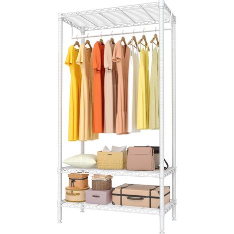 Portant à vêtements robuste 3 niveaux sur roulettes - métal blanc - tringle + étagères réglables, hauteur 174 cm - rangement chambre, buanderie, dortoir
