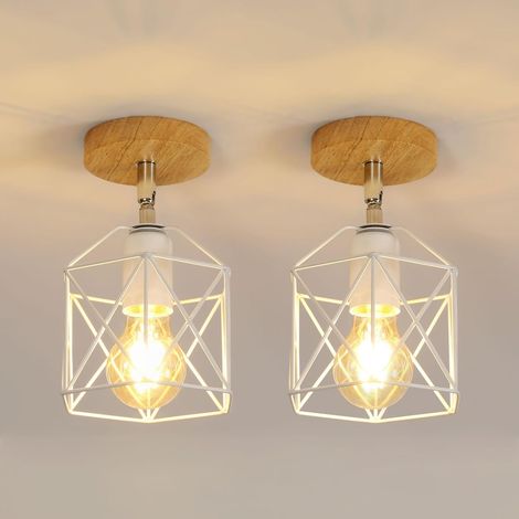 GOECO Set di 2 lampade a sospensione/soffitto in metallo e legno, paralumi bianchi, struttura a gabbia, Ø14 cm (lampadine non incluse), per corridoio, soggiorno, camera da letto, cucina (1/5)