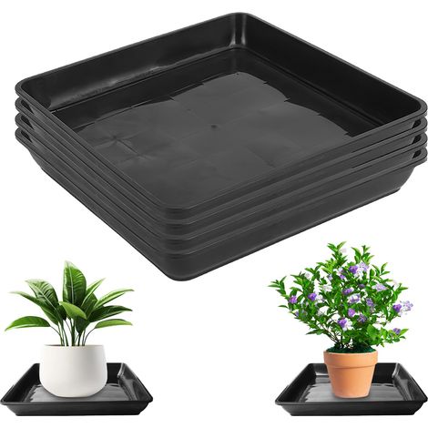 Lot de 4 soucoupes de pot de fleurs : 30 x 30 cm Jardinière carrée en plastique, palette carrée épaissie en plastique pour plantes d'extérieur et d'intérieur, noir (1/5)