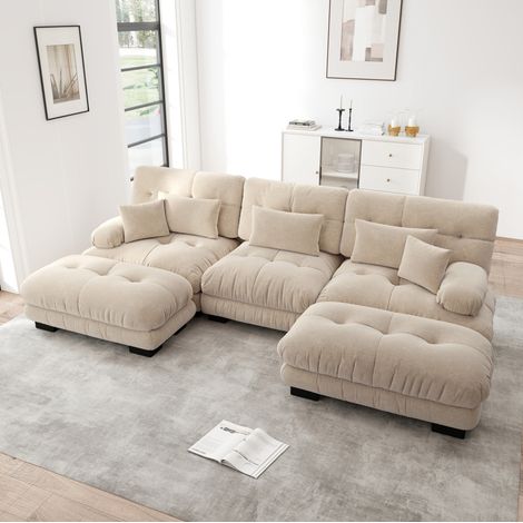 Sofá rinconera modular de chenilla, 313 x 145 x 81 cm, con otomanes, beige café claro DESVIAE (1/5)