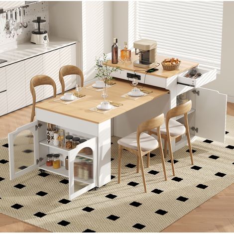 Kücheninsel 55 bis 153 x 80 x 93 cm, ausziehbar, mit Glastüren, MDF und Glas, Weiß (1/5)