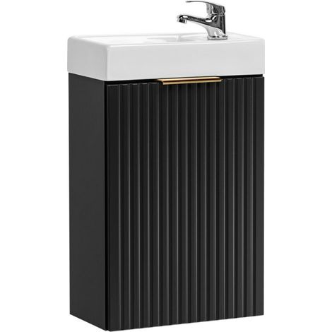 Furnidea - Ensemble meuble lave-mains suspendu ADEL noir avec le lavabo FIKA 40 cm - une porte, façades rainurées (1/5)