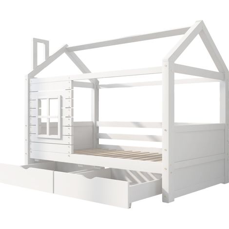Lit cabane enfant 90 x 200 avec barrières, 2 tiroirs, pin, blanc (1/5)