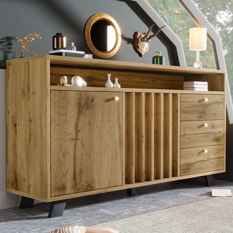 Buffet 120x40x85 cm - Commode Chêne Foncé avec Façade à Lamelles, 3 Schubladen, 2 Portes et Niche Ouverte - Pieds Ajustables et Style Rétro Chic