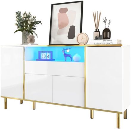 Buffet 150x40x80, rangement généreux Buffet salon, finition brillante blanche, 4 portes 1 tiroir, LED intégrées (1/5)
