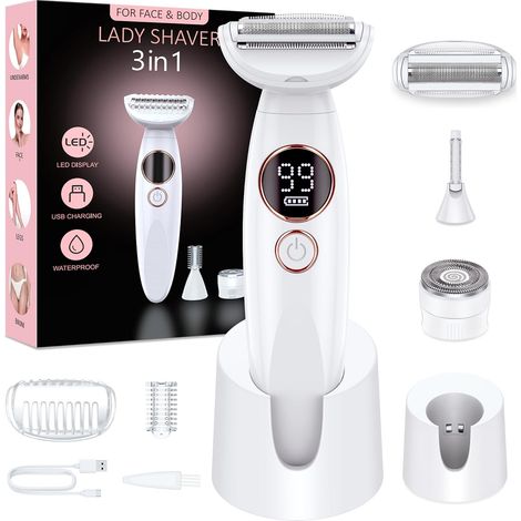Rasoir Electrique Femme,3-In-1 Tondeuse Femme Intime,Epilateur Visage Femme avec Affichage LED de Batterie,Sec et Humide IPX7,pour Bikini,Aisselles,Jambes,Nez,Autonomie 120 min,Station de Charge USB C