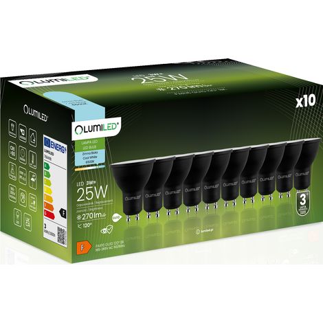 10x LED-Lampe GU10 Spot PAR16 3W = 25W 270lm 6500K Kaltweiß 120° Schwarz LUMILED