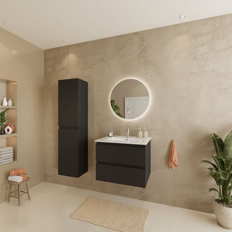 Ensemble Meuble Vasque 60 Cm Avec Colonne - Noir Mat - Lavabo (1/5)
