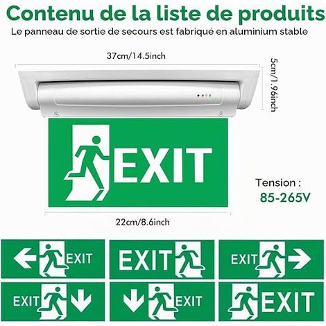Éclairage de sortie de secours LED, éclairage de secours avec batterie de secours 3 heures fonction test, montage mural et au plafond, sortie de secours routière EXIT, sortie de secours avec 6 icônes (1/4)