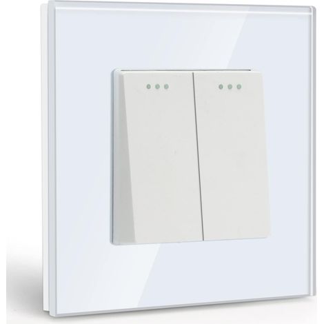 Interrupteur Mural,2 Gang 1 Voie Blanc 86 86mm,Interrupteur Double Encastrable avec Cristal Cadre en Verre (1/5)