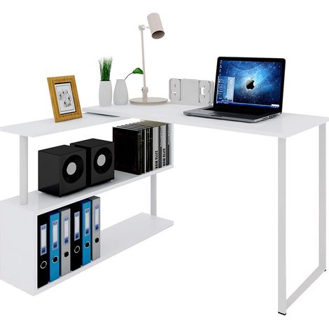 Table de bureau en métal et MDF - WOLTU - Bureau d’ordinateur avec étagères - Table de travail - 120x100x74 cm - Blanc