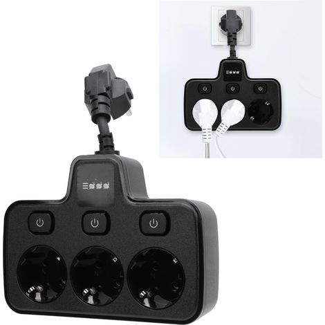 3-fach-Steckdosenadapter mit separaten Schaltern – Mehrfachsteckdose, flammhemmend, aus PC – 3250 W, Schwarz, 14,8 x 10,8 cm (1/5)