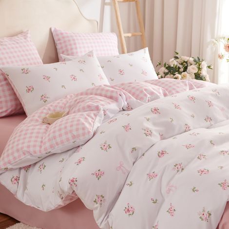 Parure de lit pour fille - 200 x 200 cm - Motif floral - Blanc, rose, vert - En microfibre - Housse de couette avec fermeture éclair et 2 taies d'oreiller de 80 x 80 cm (1/5)