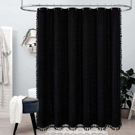 Bohemian shower curtain with tassels, linen fabric, ideal for bathroom décor, 92 x 183 cm (black) (1/4)