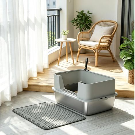 Litière XL pour chat en acier inoxydable gris, facile à monter, pour grand chat FLORAGRACE (1/5)