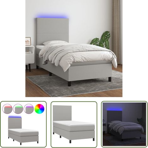 The Living Store Sommier à lattes de lit avec matelas et LED Gris clair 90x190cm - Sommier Tapissier - Lit Plateforme - Lit Avec Led - Matelas À Ressorts Ensachés - Têtière Ajustable (1/5)