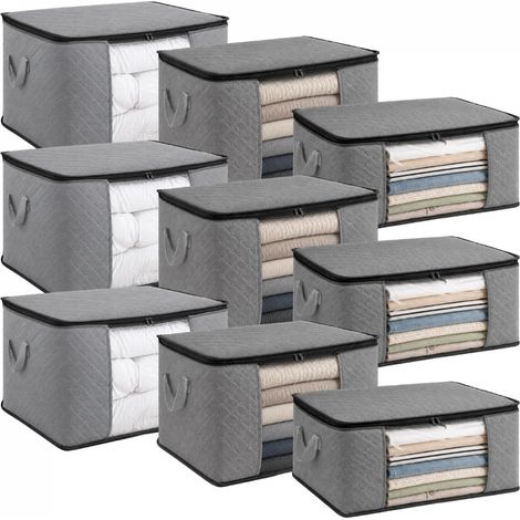 Lot de 9 sacs de rangement pliable pour vêtements, linge de maison avec poignées - Tissu - 35 L, 60 L et 90 L - Gris - Vivezen