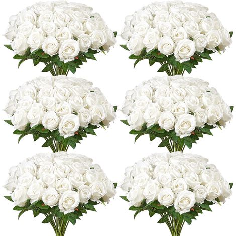 Rose Artificielle Lot de 120 Fleurs Artificielles 508 mm Bouquets de Fausses Fleurs Aspect Réaliste avec Tête de Rose 70 mm, pour Décoration Intérieure, Fêtes, Mariages, Centres de Table, Blanc (1/5)