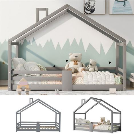 Lit cabane enfant 90 x 200 cm en pin gris avec sommier à lattes et protection antichute (cheminée) - sans matelas