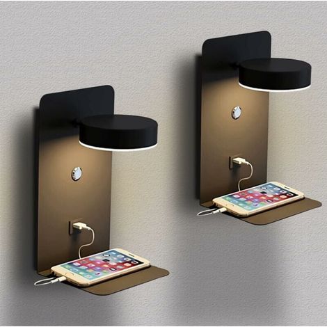 2er-Pack LED-Wandleuchte für den Innenbereich mit USB-Anschluss, 12 W, dreifarbig, dimmbar, moderne Wandleuchte mit Schalter, 330° drehbar, Leselampe, Nachttischlampe, Schwarz (1/4)