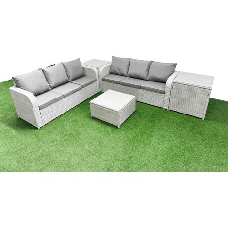 Fimous Outdoor Garden Furniture Sets 6 Seater Wicker Rattan Furniture Sofa Sets with Square Coffee Table high Back Lounge Sofa 2 Side Table Light Grey (1/4)