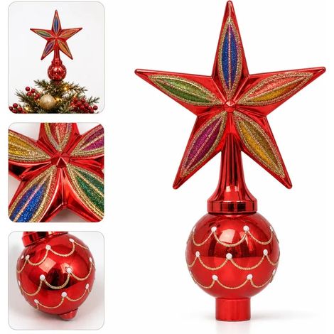 2 Pièces Étoile de Sommet de Sapin Rouge Peinte, Dimensions 23×6 cm, Ornement en Plastique pour Couronnes et Sapins de Noël (1/5)