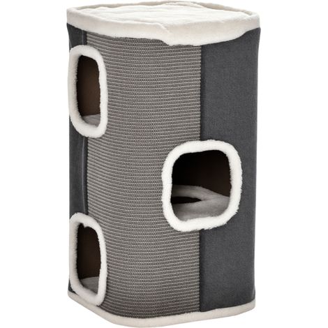 Griffoir en forme de tonneau de 74 cm de haut, à trois niveaux, avec coussin et rebord en peluche. Idéal pour les petits chats. Gris et blanc. (1/5)
