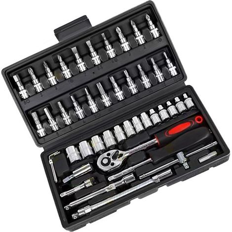 Coffret d'outils noir de 46 pièces comprenant des clés à douille, des tournevis à dégagement rapide et des tournevis à cliquet. (1/4)