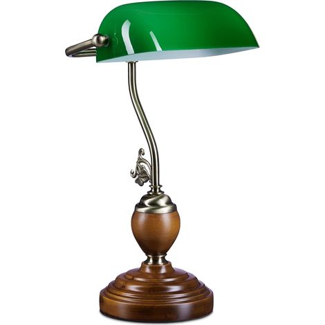 Relaxdays Bankerlampe Holzfuß, Retro Schreibtischlampe, Messing-Optik, HxBxT:26,5x43x18cm, Holz/Glas/Metall, grün