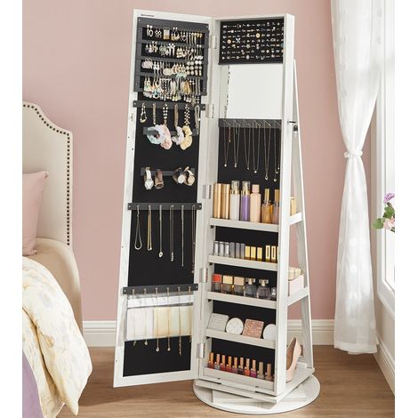 Songmics – Armoire à bijoux pivotante sur pieds – 3-en-1 avec miroir 26 x 144 cm – 90 places pour boucles d'oreilles – MDF et velours – Blanc boisé